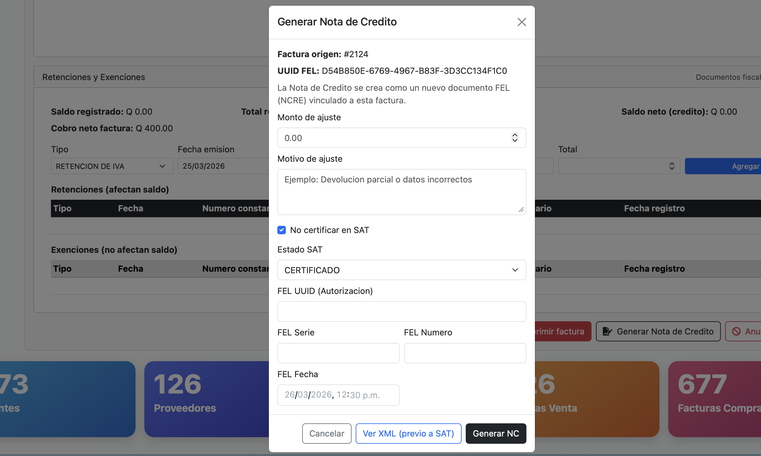 Ingreso de una Nota de Credito sin certificar. Esta función existe ya que muchas veces en el Portal de la SAT se realiza la NCRE y debemos registrarla en el Sistema. Pero no deseamos que se certifique a la SAT ya que este documento ya existe en SAT.