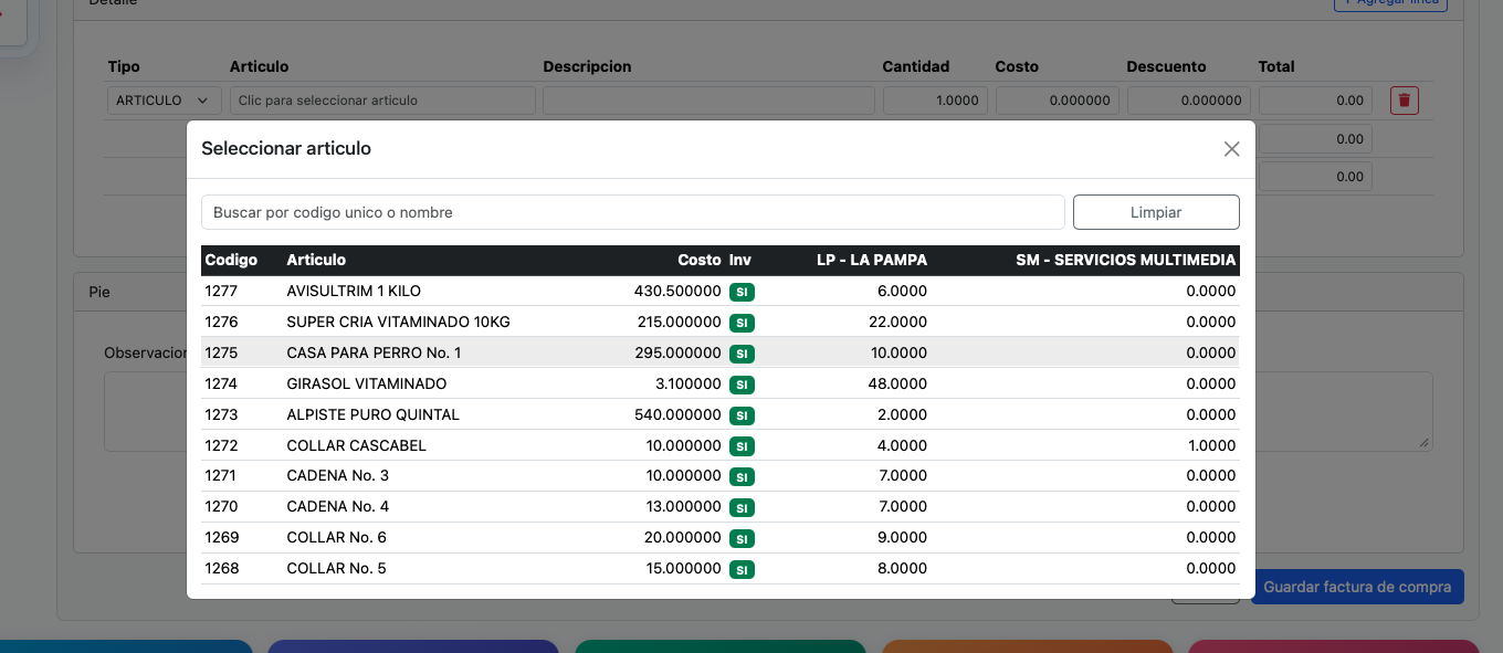 Busqueda de articulos para cargar existencias por medio de una compra