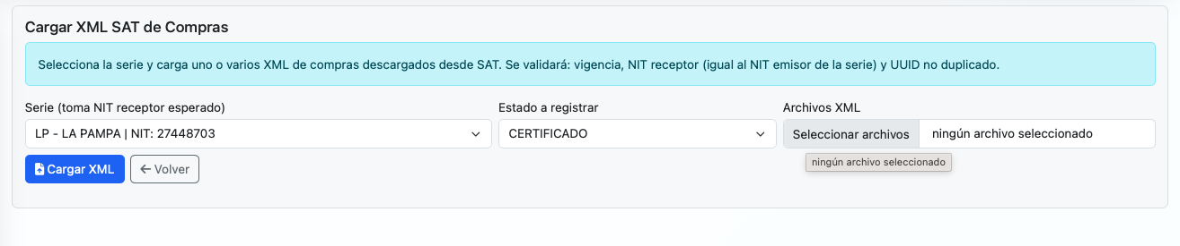 Carga de XML de todas las facturas de compras extraídas desde la SAT de acuerdo al NIT de la empresa