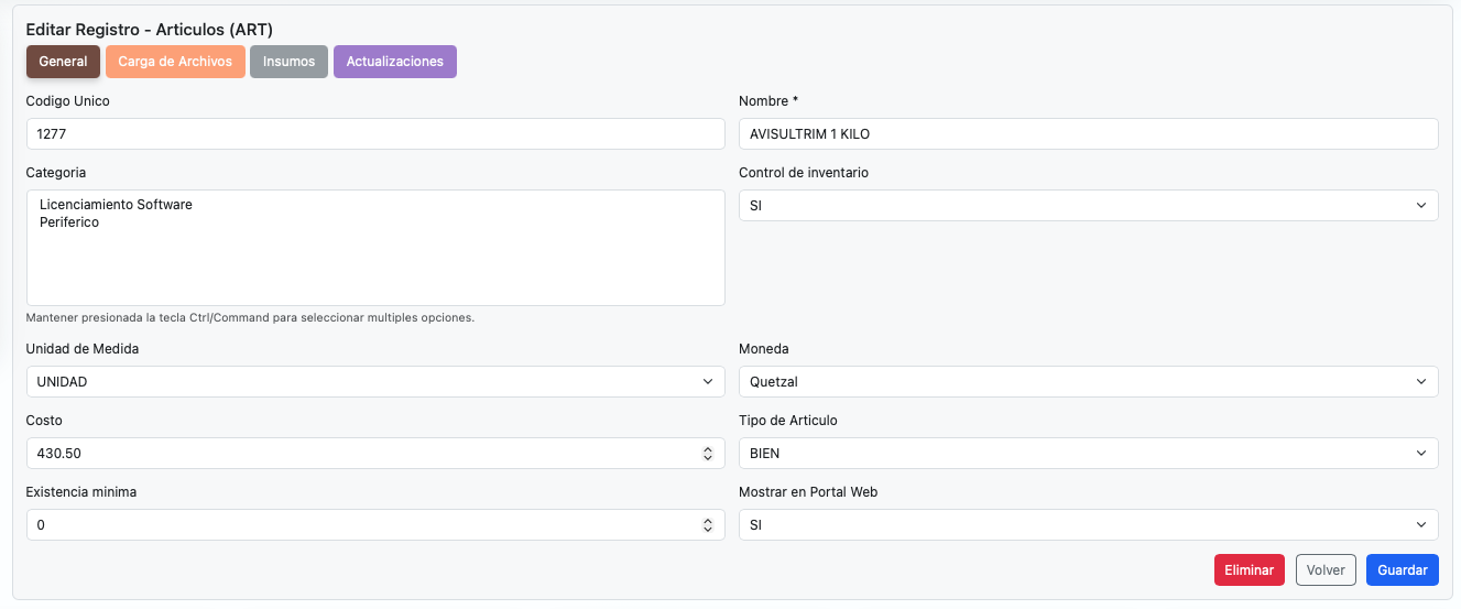 Formulario de artículos con campos de control de inventario y datos generales.
