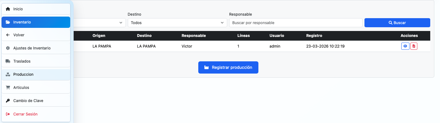 Acceso al módulo de Producción desde Inventario