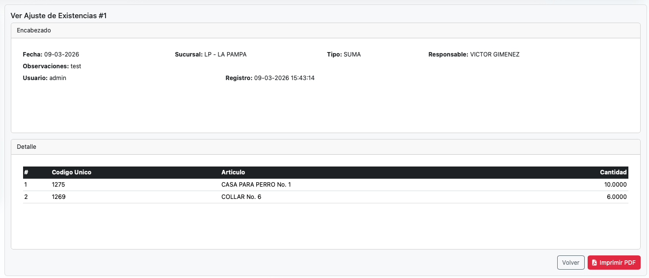 Opción de impresión del ajuste de inventario.