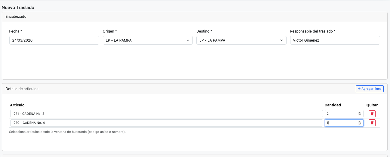 Detalle del traslado con artículos y cantidades.