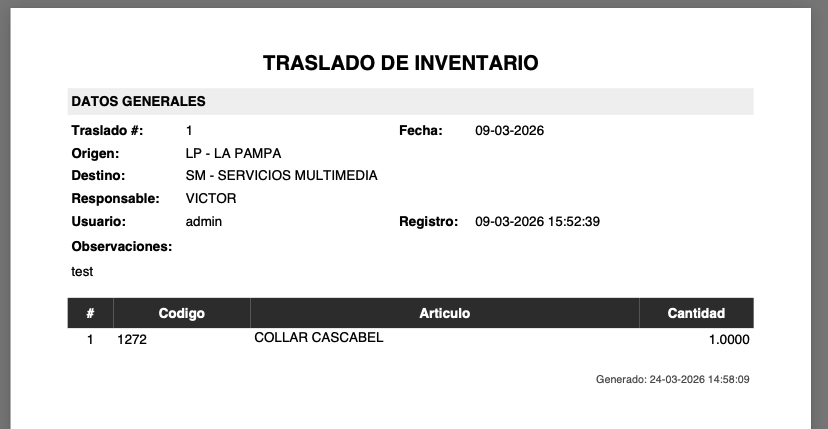 Vista e impresión del traslado realizado.
