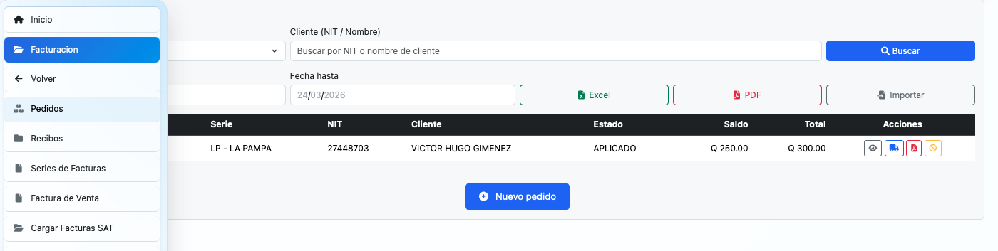 Pantalla inicial del modulo de Pedidos