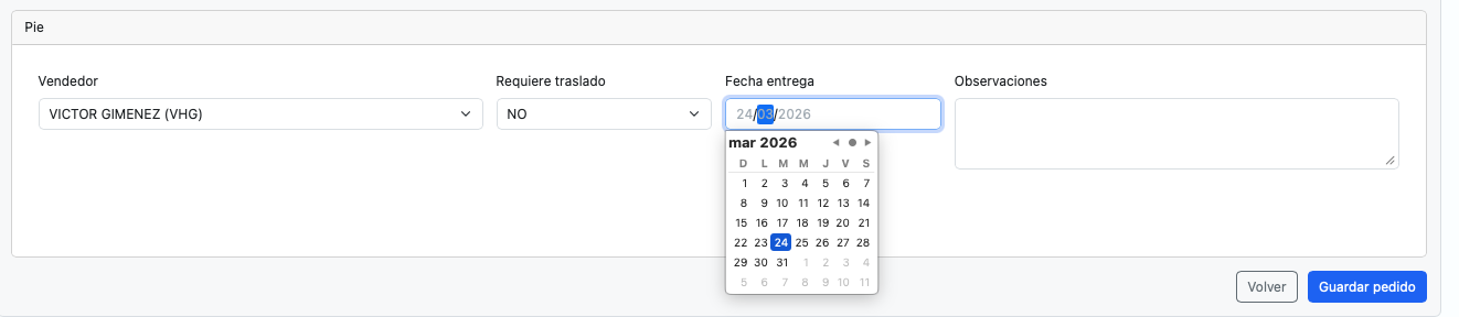 Seleccion para establecer si el Pedido requiere entrega y selecciona de la fecha
