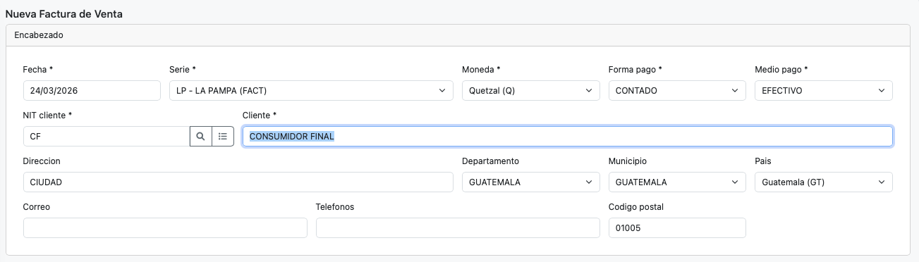 Encabezado de factura de venta