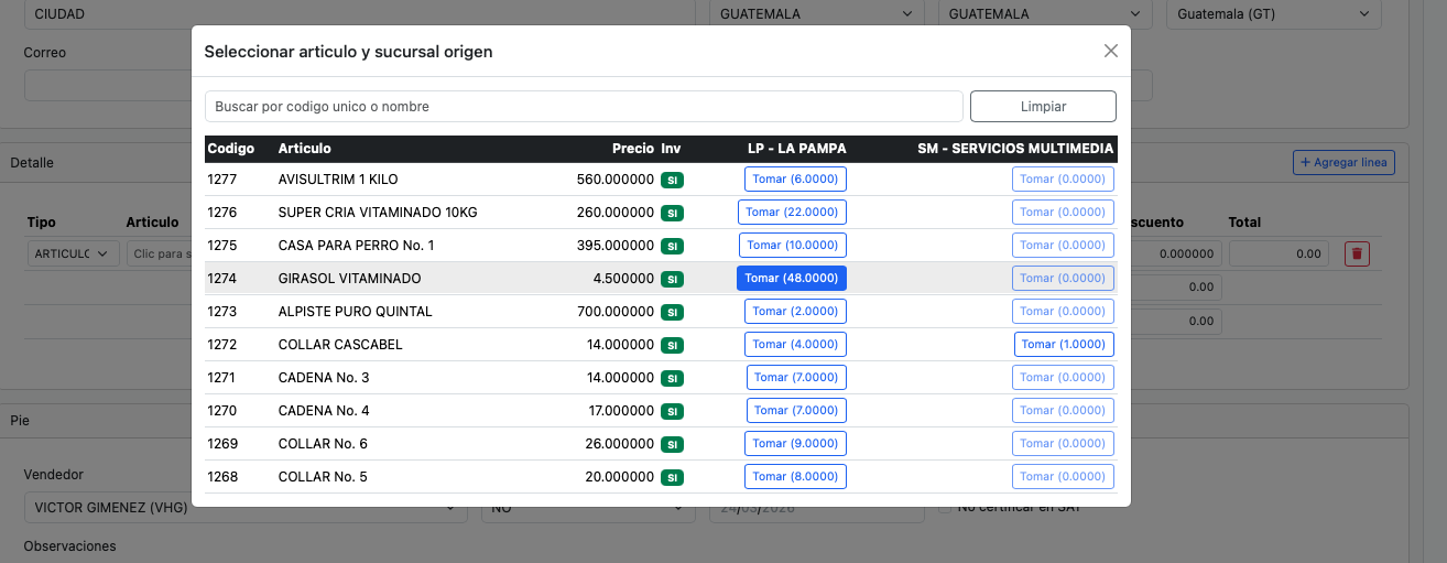 Busqueda de articulos. Nos muestra existencias en cada sucursal
