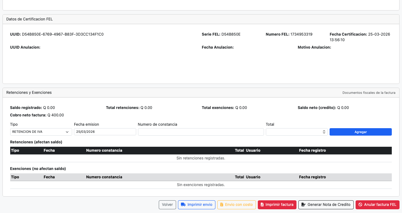 En caso de requerir la anulación de una factura de venta, tenemos la posibilidad de realizar dicha operación desde el botón Anular. Esto permite revertir los movimientos de existencias ocasionados en la venta cuando corresponda.