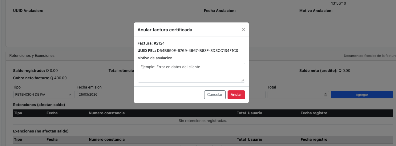 La anulación FEL consulta la factura certificada, solicita motivo al usuario, arma el XML de anulación y guarda la respuesta completa de SAT.