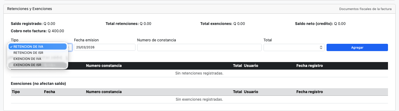 Registro de retenciones y exenciones directamente desde la vista de la factura.