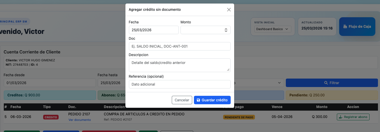 Ventana para registrar créditos manuales sin documento de origen.