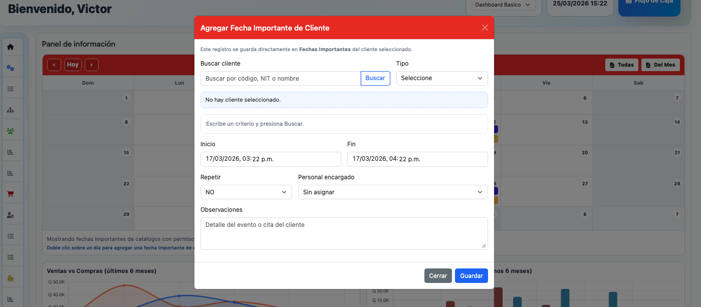Registro rápido de una fecha importante desde el calendario del panel principal.