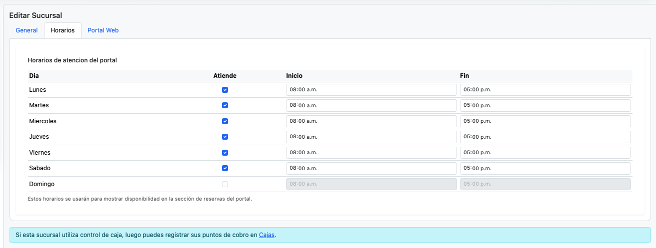 Configuración de correo y horarios por sucursal para habilitar la atención desde el portal.