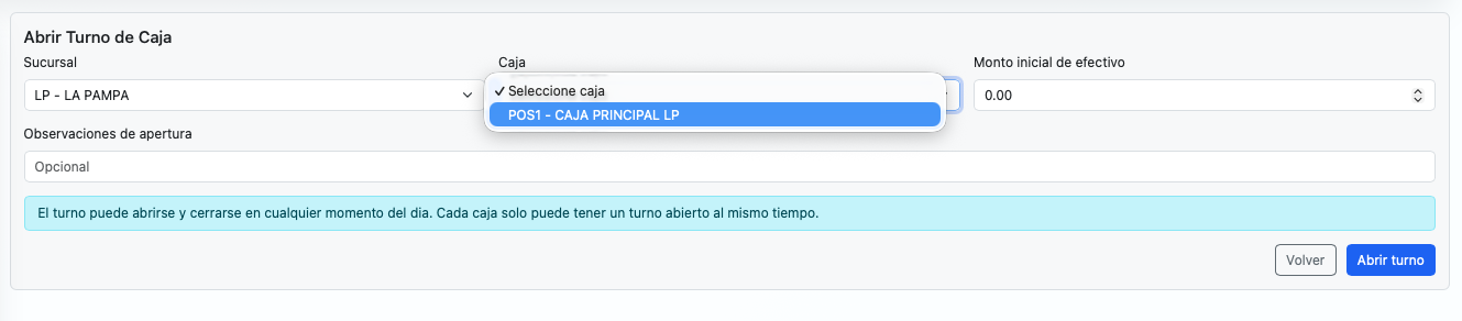 Formulario de apertura de turno con sucursal, caja y monto inicial de efectivo.