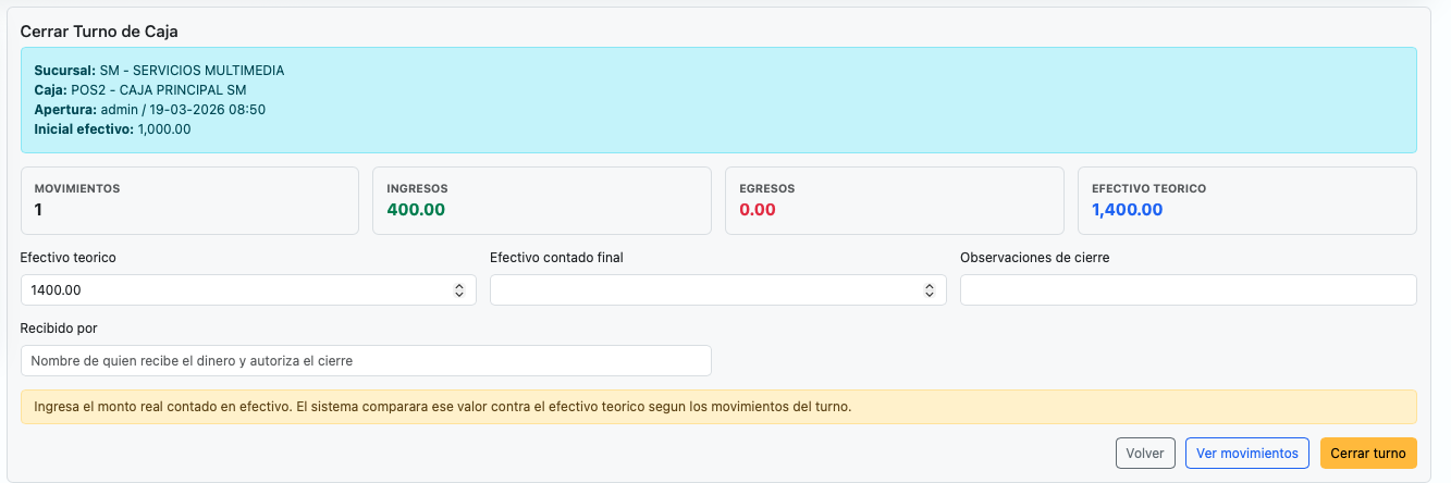 Pantalla de cierre de turno con efectivo teórico, efectivo contado y observaciones de cierre.