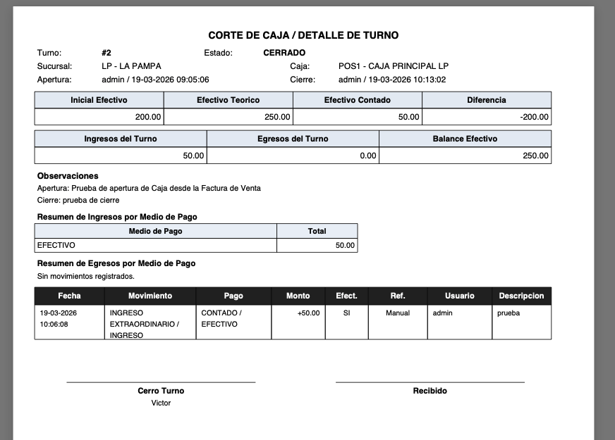 PDF final del corte de caja con resumen por medios de pago, movimientos y firmas.