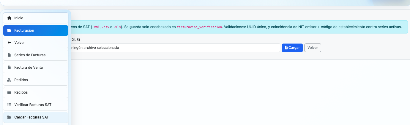 Carga del archivo SAT dentro del menú Facturación / Cargar Facturas SAT del ERP.