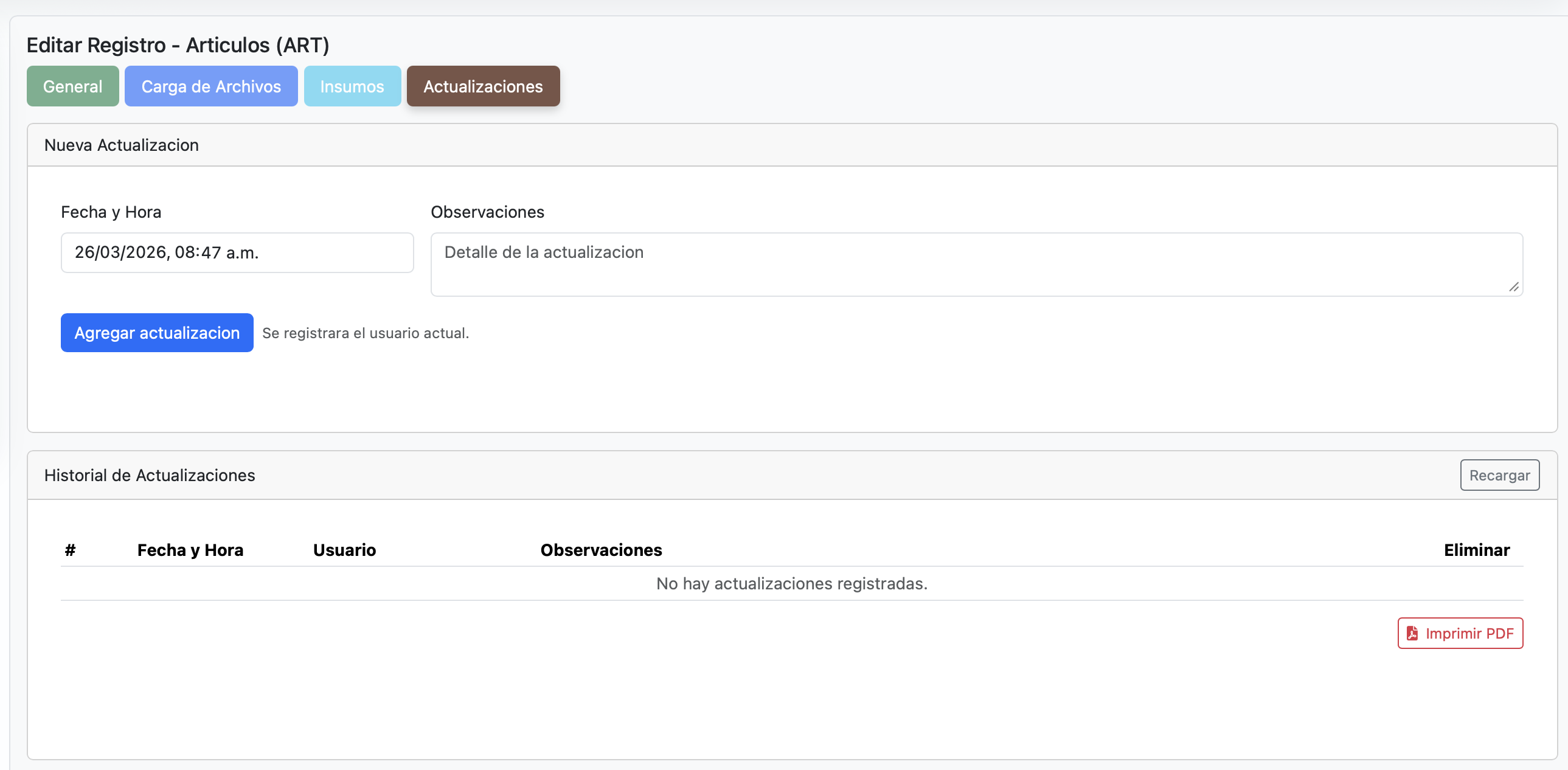 De ser necesario puede agregar comentarios o actualizaciones en el articulo, esto sirve para informar a nuestro grupo de trabajo sobre información importante del registro