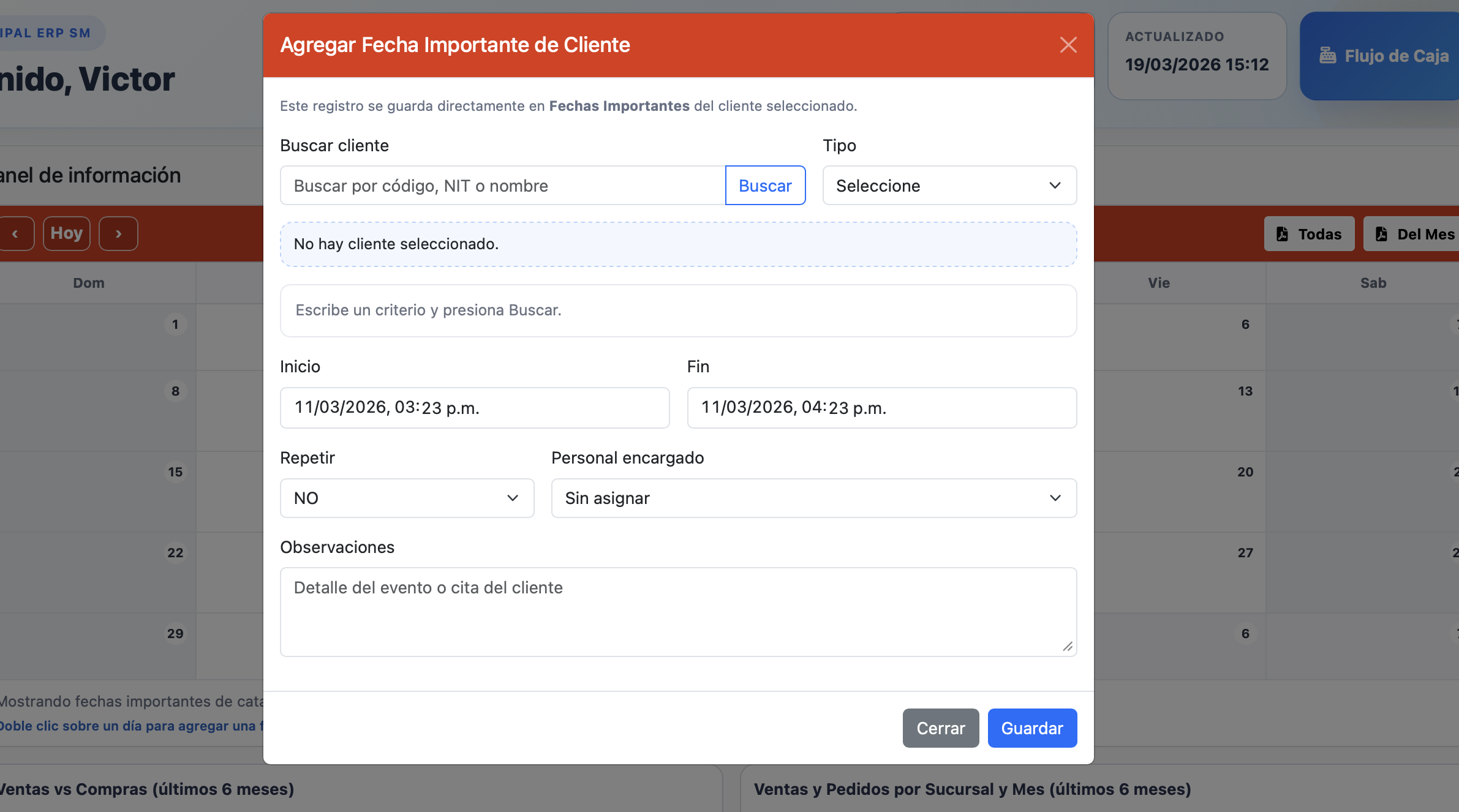 Registro rápido desde el calendario