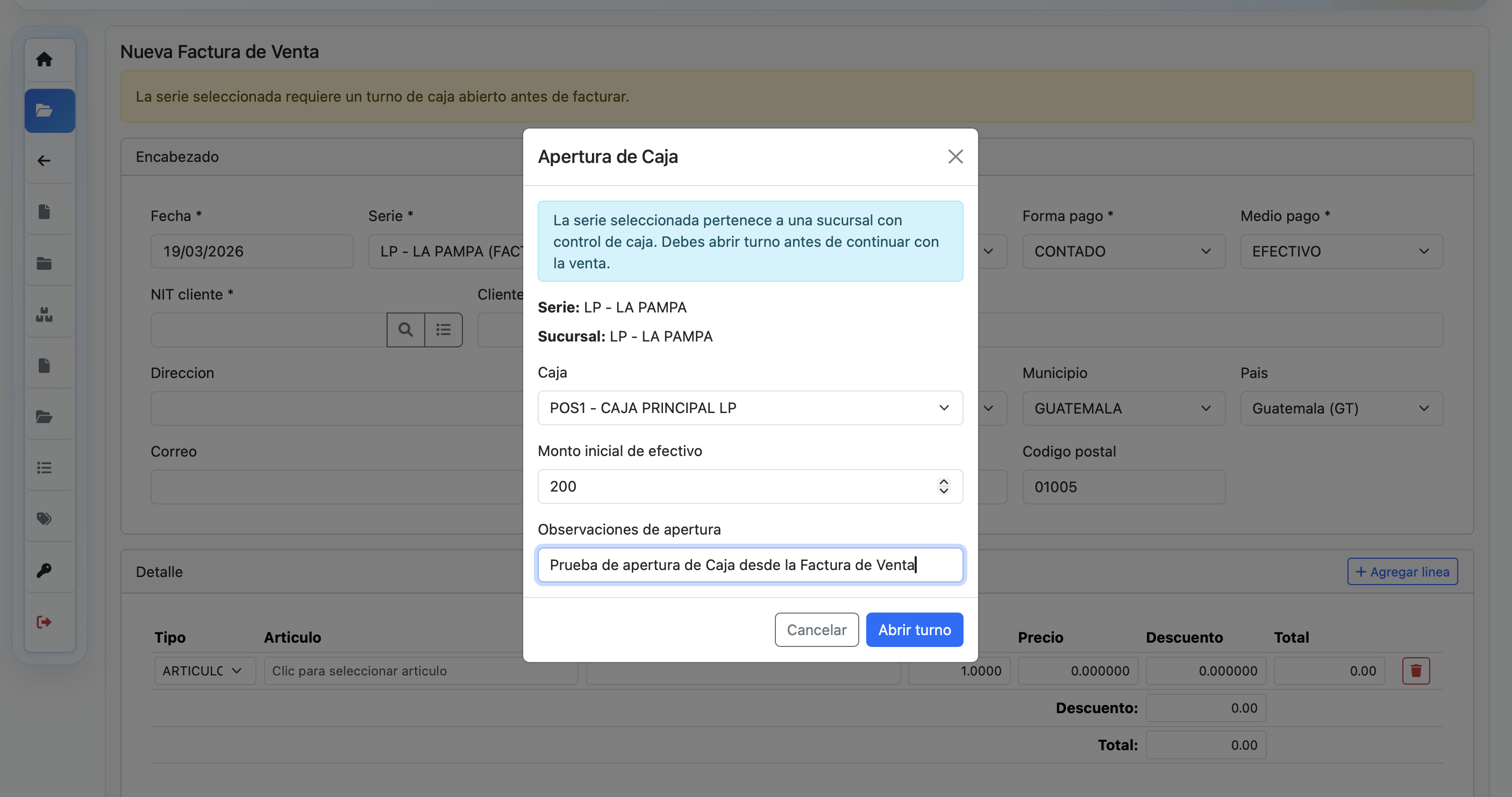 Apertura de turno de caja
