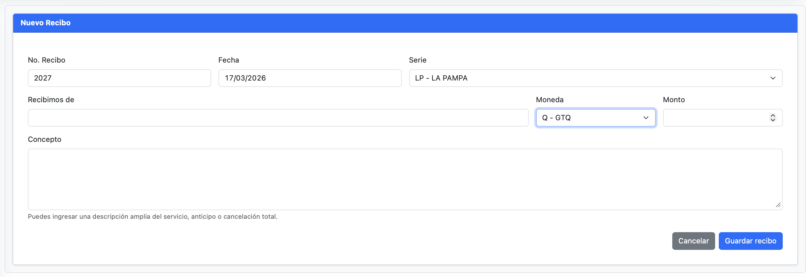 Formulario de recibos