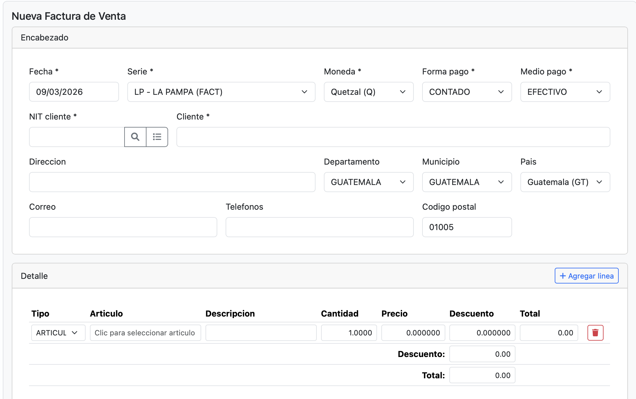 Formulario directo de ventas
